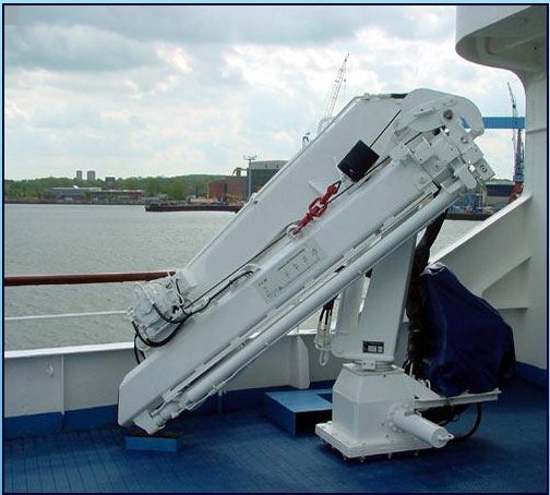 White knuckle boom crane on the deck of a ship