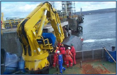 Yellow marine crane on a work vessel with the deck crew
